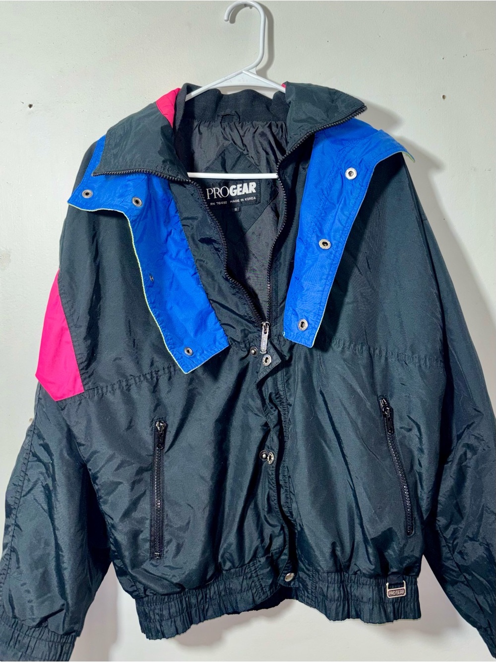 Women's Black Windbreaker Jacket with Blue & Pink Accents